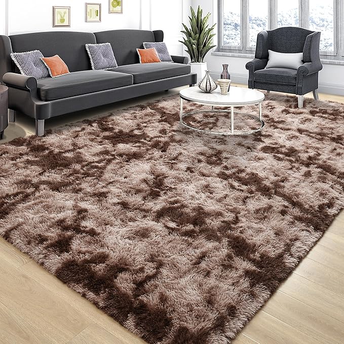 Tepook 9x12 Area Rugs for Living Room Bedroom, Soft Fluffy Plush Shaggy Girls Boys Kids Room Rug, Shag Upgrade Non-Slip Throw Carpet for Dorms Nursery Classroom Home Decor, Tie-Dyed Brown