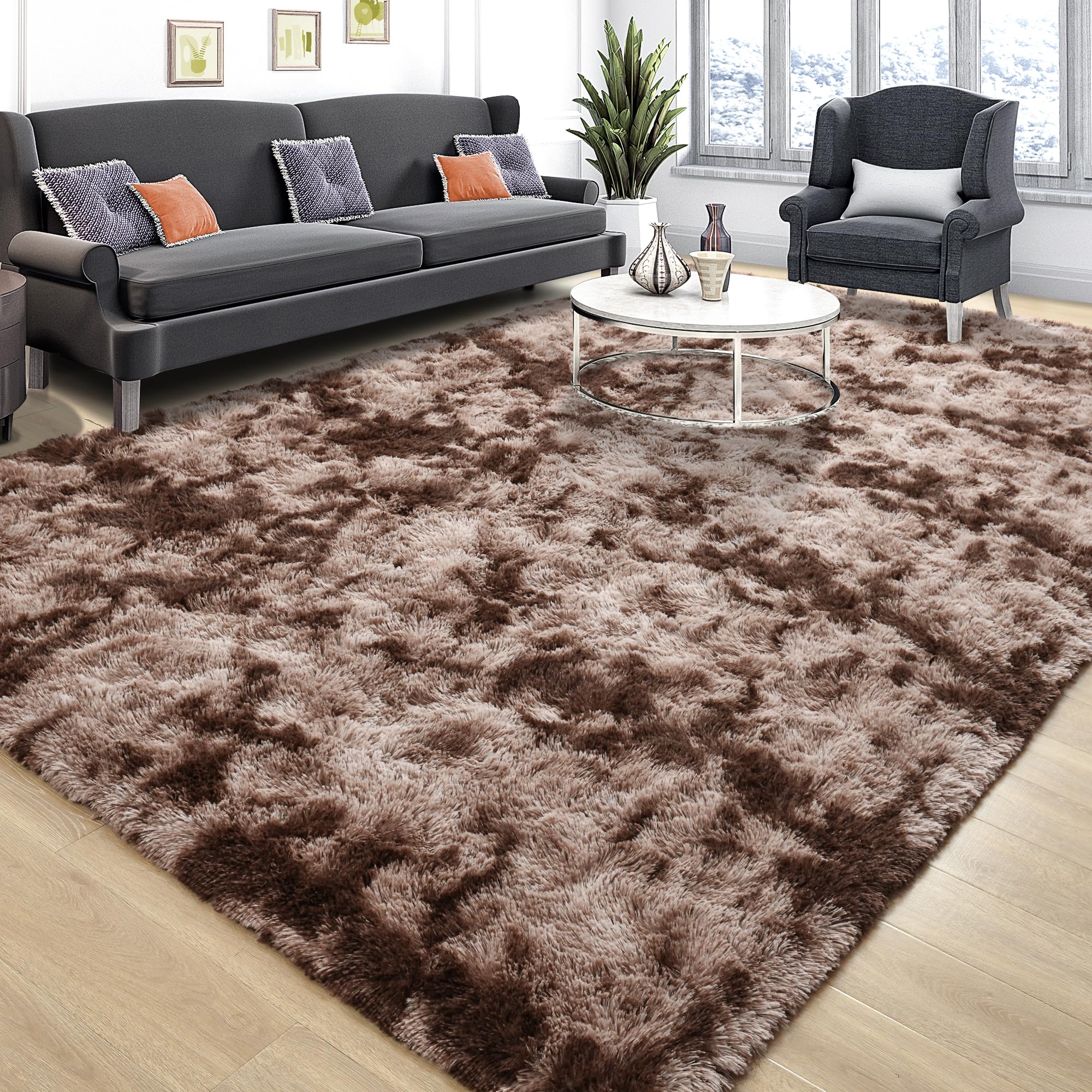 Tepook 6x9 Area Rugs for Living Room Bedroom, Soft Fluffy Plush Shaggy Girls Boys Kids Room Rug, Shag Upgrade Non-Slip Throw Carpet for Dorms Nursery Classroom Home Decor, Tie-Dyed Brown