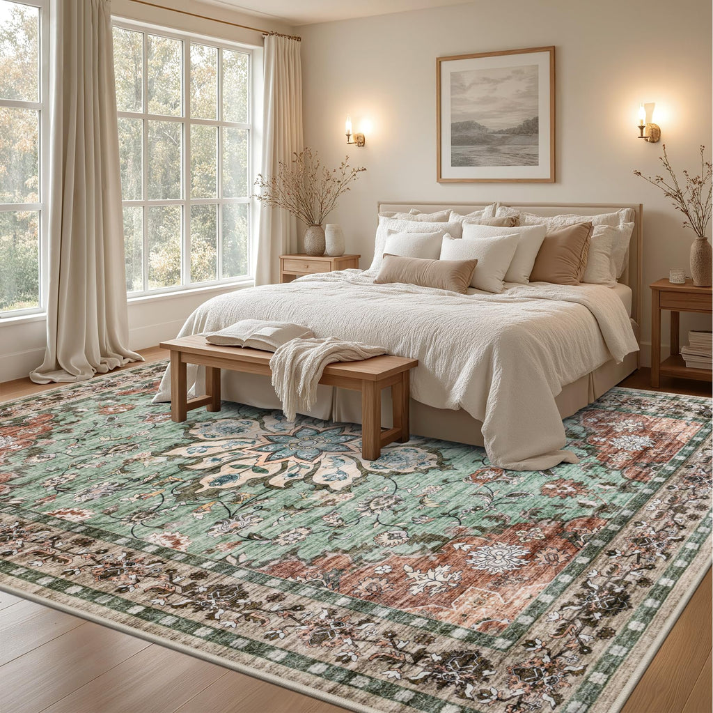 ExpediX 10x14 Area Rugs Living Room: Washable Rug for Bedroom Brown Green