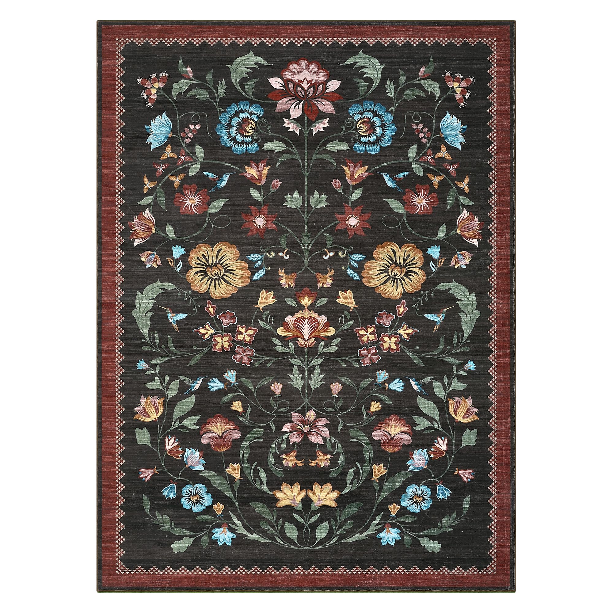GarveeHome Washable Rug 3x5 Area Rugs for Living Room, Floral Rug for Bedroom, Soft Boho Non Slip Throw Rugs with Rubber Back, Low Pile Stain Resistant Vintage Floral Carpet for Dining Room, Red