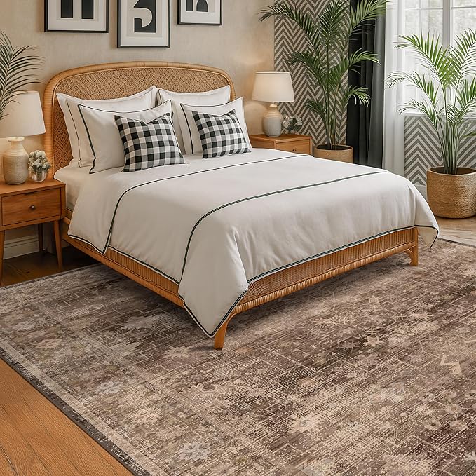 Hazo Haus Boho Taupe Living Room Rug 7x10 -Vintage Traditional Oriental Neutral Brown, Washable Low Pile Non-Slip Extra Large Area Rugs for Dining Under Table Bedroom Lounge