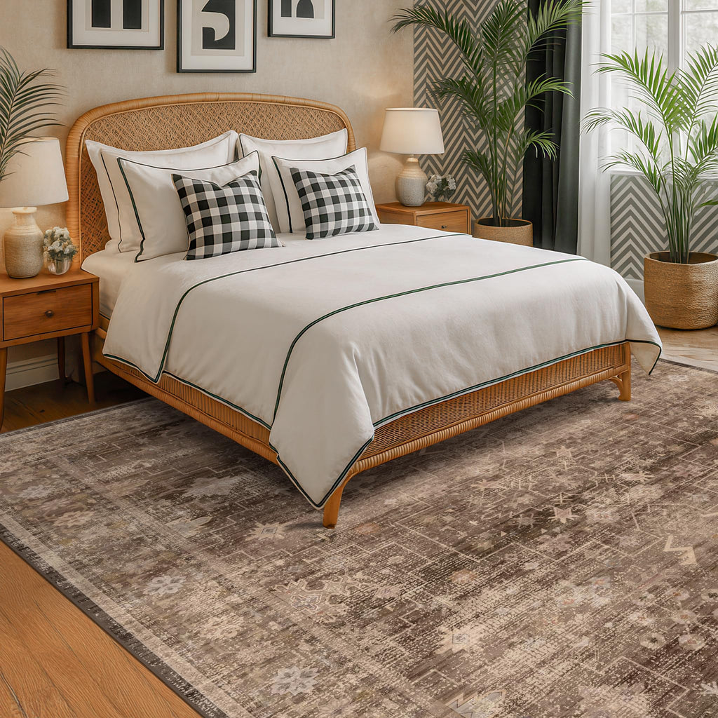 Hazo Haus Boho Taupe Brown Living Room Rug 8x10 - Modern Vintage Traditional Eclectic Oriental Neutral, Washable Low Pile Non-Slip Extra Large Area Rugs for Dining Under Table Bedroom Lounge