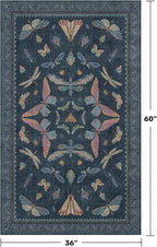 Washable 3x5 Indoor Rugs for Entryway, Non Slip Vintage Area Rug for Kitchen Floor, Laundry Room, Blue Bedroom Carpet with Insect Pattern, Dark Boho Décor Indoor, Stain Resistant Mat
