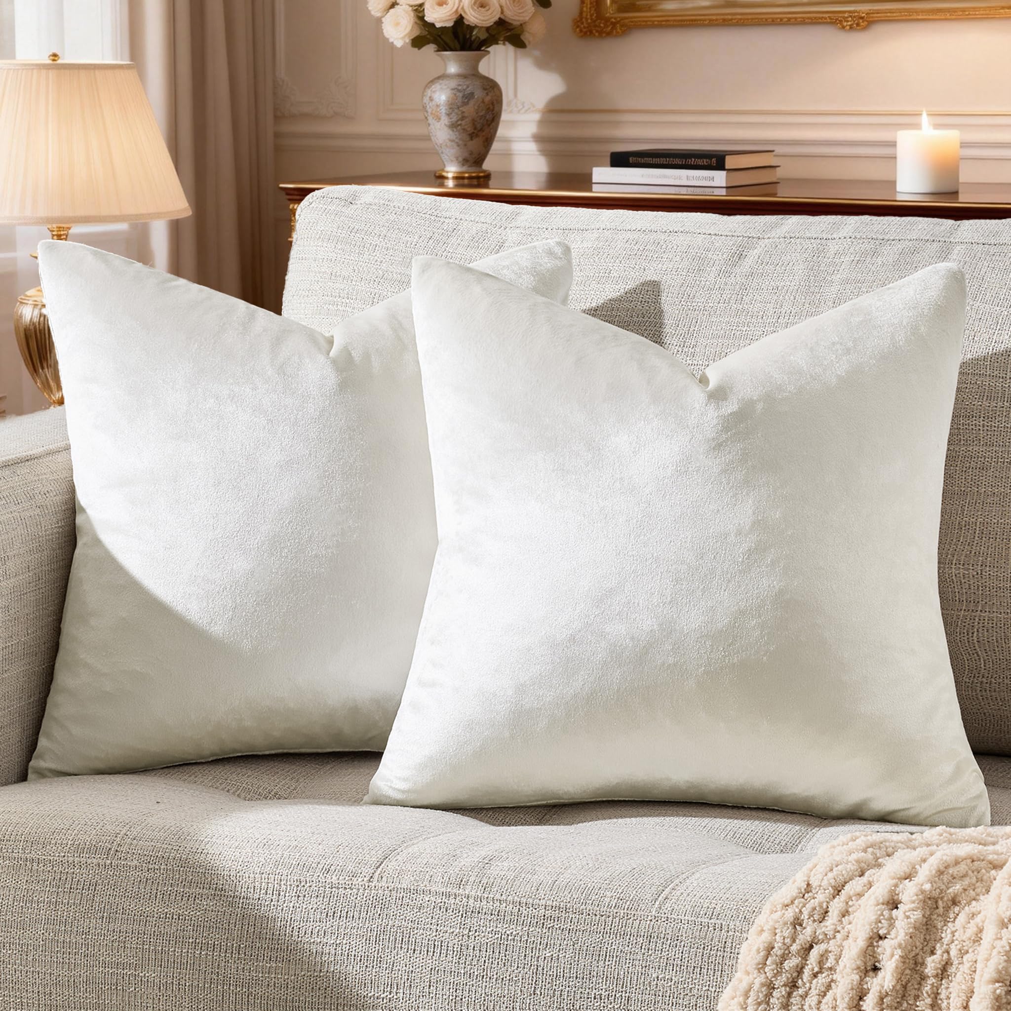GIGIZAZA Velvet Pillow Covers 24x24 Decorative Pillows Pack of 2 Ivory