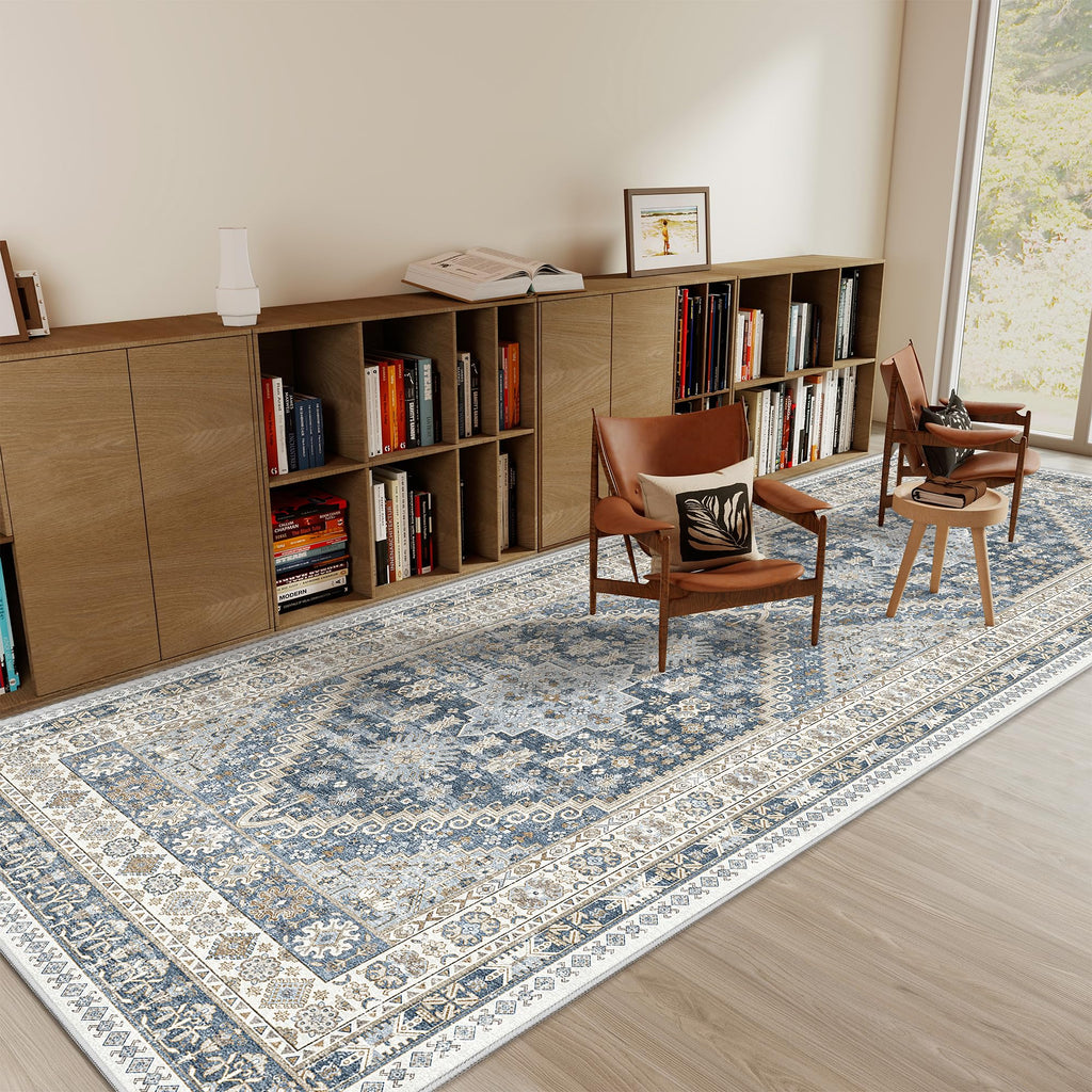Restydon 3x8 Runner Rug Non Slip Washable Rugs for Entryway, Blue/Beige