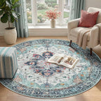 RELEANY Area Rugs 4ft Washable Non-Slip, Floral Vintage Distress Print Pattern Medallion Carpet for Living Room Bedroom Dining Room, Green Navy Blue White Red Teal Colorful