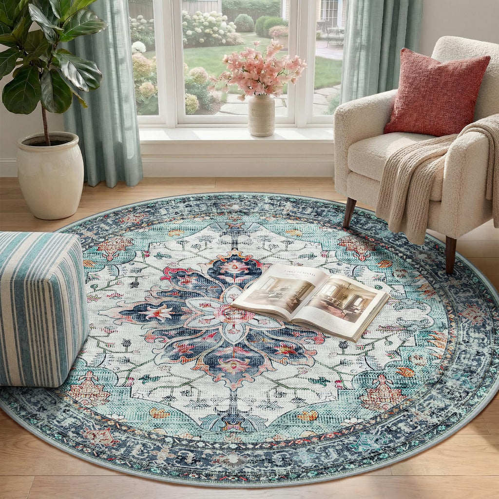 RELEANY Washable Area Rug, Round 4ft, Teal Green/White/Navy