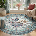 RELEANY Washable Area Rug, Round 4ft, Teal Green/White/Navy