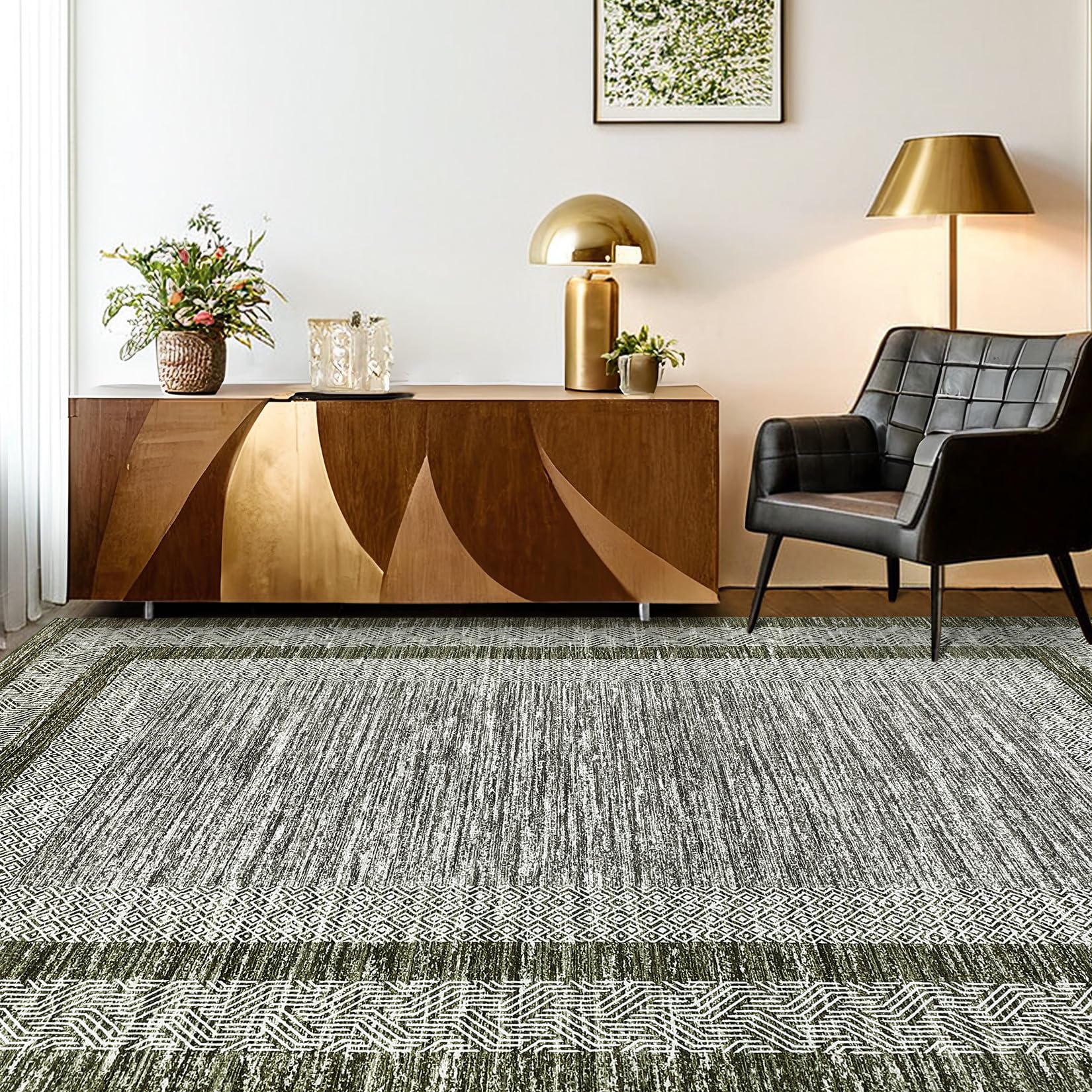 GarveeHome 9x12 Large Modern Navy Green Area Rug Distressed Bordered Soft Non Shedding Floor Carpet