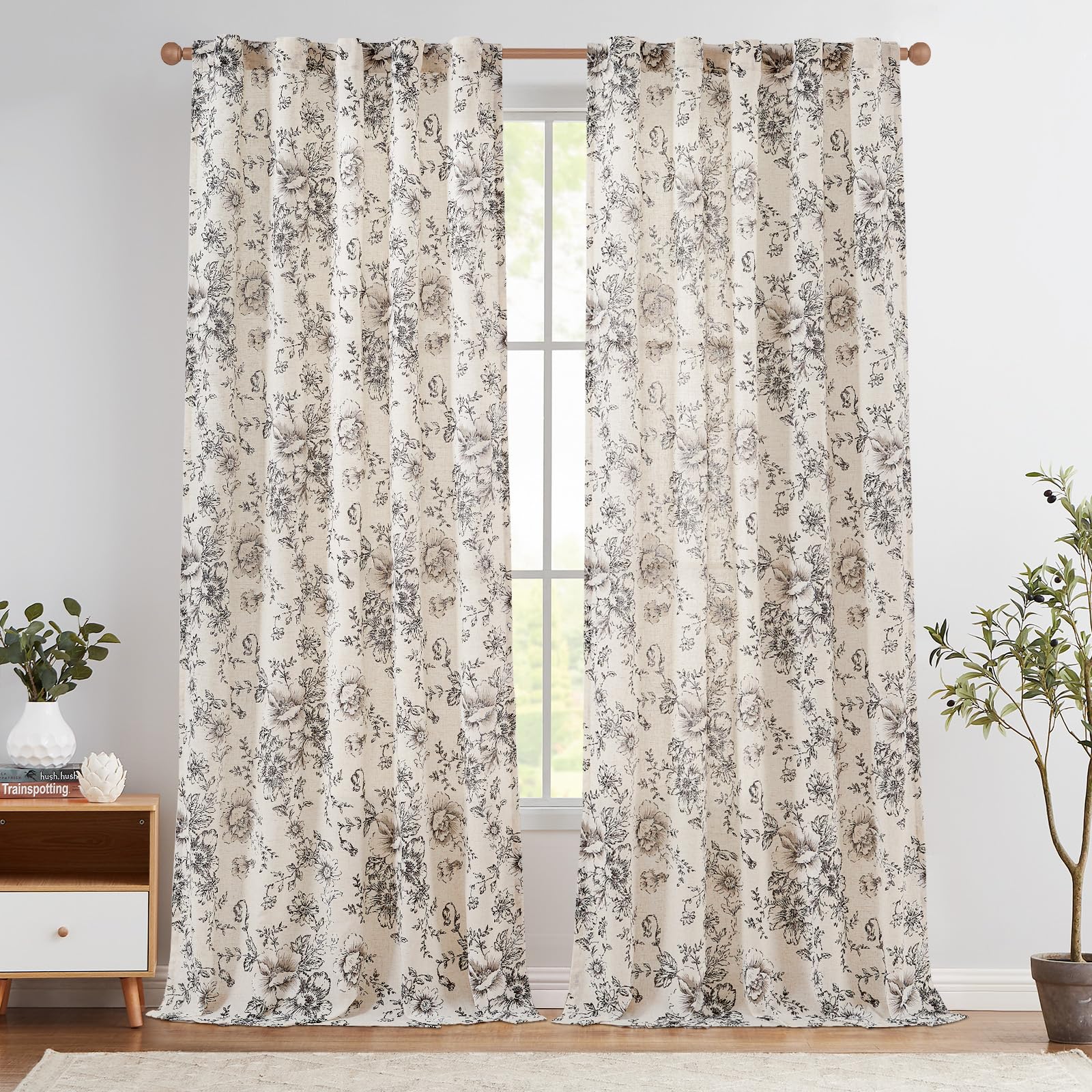 jinchan Vintage Floral Linen Curtains 96 Long for Living Room 2 Panels
