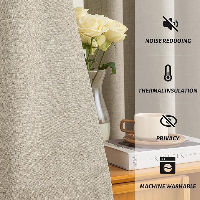 Yakamok Natural Linen Curtains 100% Blackout 63 Inches Long,Room Darkening Textured Curtains for Living Room Thermal Grommet Bedroom Curtains 2 Panels with Greyish White Liner
