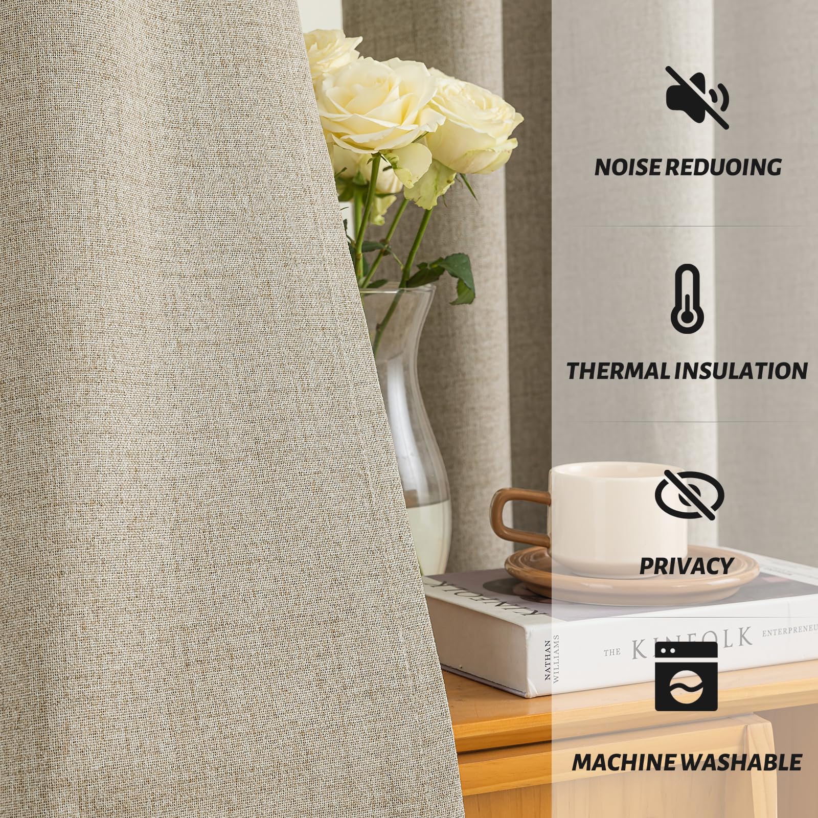 Yakamok Natural Linen Textured Curtains 96 Inches Long for Living Room