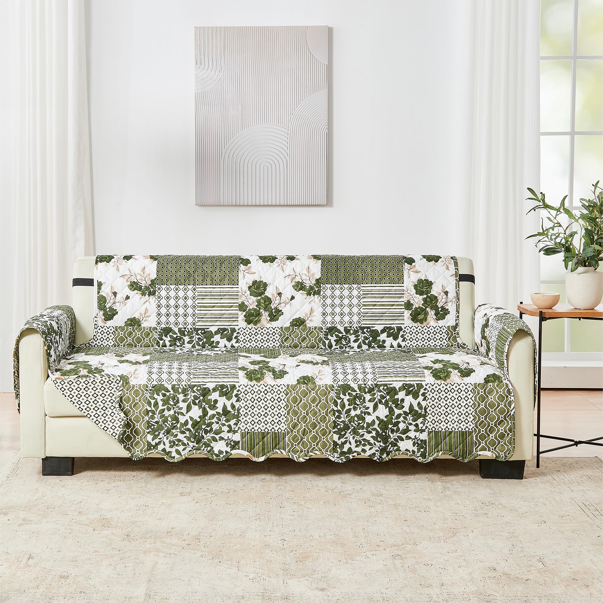 Great Bay Home Reversible Patchwork Sofa Cover - Washable Slipcover Furniture Protector with Elastic Straps - Perfect for Kids & Pets - Box-Stitched Detail (Olive/Brown)