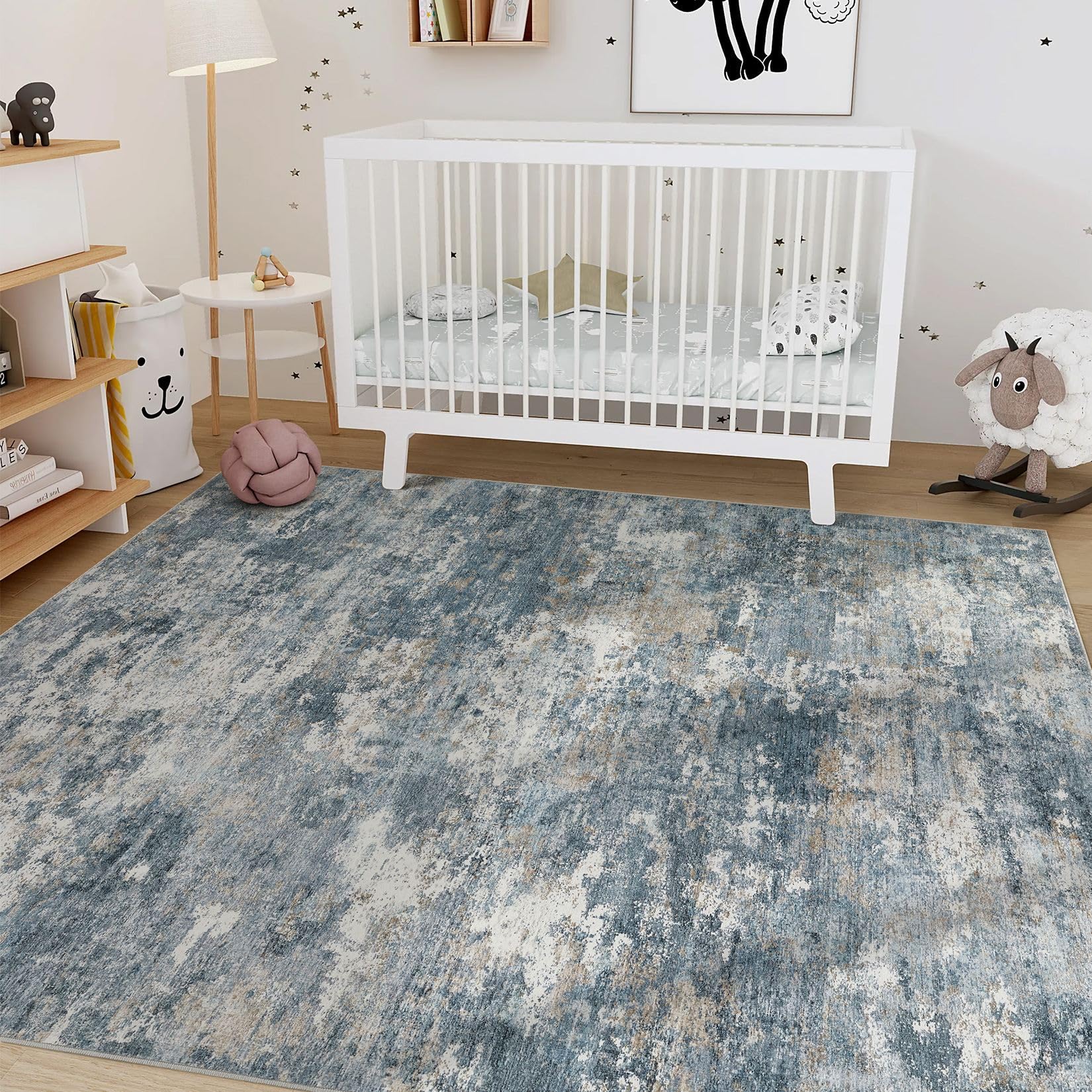 Nakagishi 6x9 Area Rugs Living Room: Washable Abstract Large Neutral Soft Rug Stain Resistant Modern Indoor Floor Non-Slip Carpet for Bedroom Nursery Kids Playroom Office Dining Room Dorm-Blue Brown