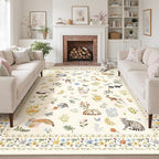 Cat 8x10 Area Rugs for Living Room, Machine Washable Animal Floral Vintage Rug Non-Slip Low Pile Soft Throw Large Rugs for Bedroom Dining Room Kitchen Nursery Playroom (8 x 10,Beige)