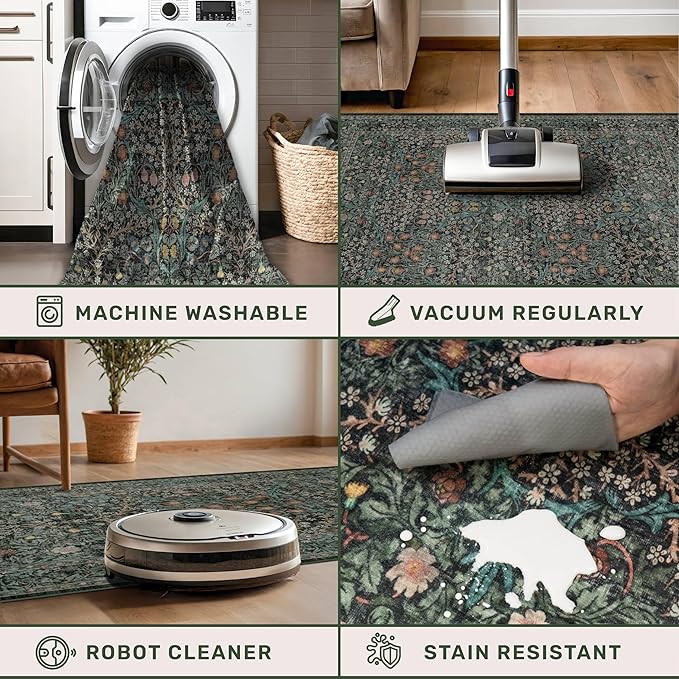 Vintage Floral Dark Green 3x5 Area Rugs for Entryway, Kitchen, Bedroom Beside Rug, Laundry Room, Non-Slip Low Pile Ultra Soft Stain Resistant Small Carpet