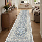 Washable Runner Rug 2.5x16, Non-Slip Long Kitchen Mats for Floor, Vintage Rug for Entryway, Soft Hallway Runner for Dining Room, Bedroom, Living Room(Blue/Beige,2.5'x16')