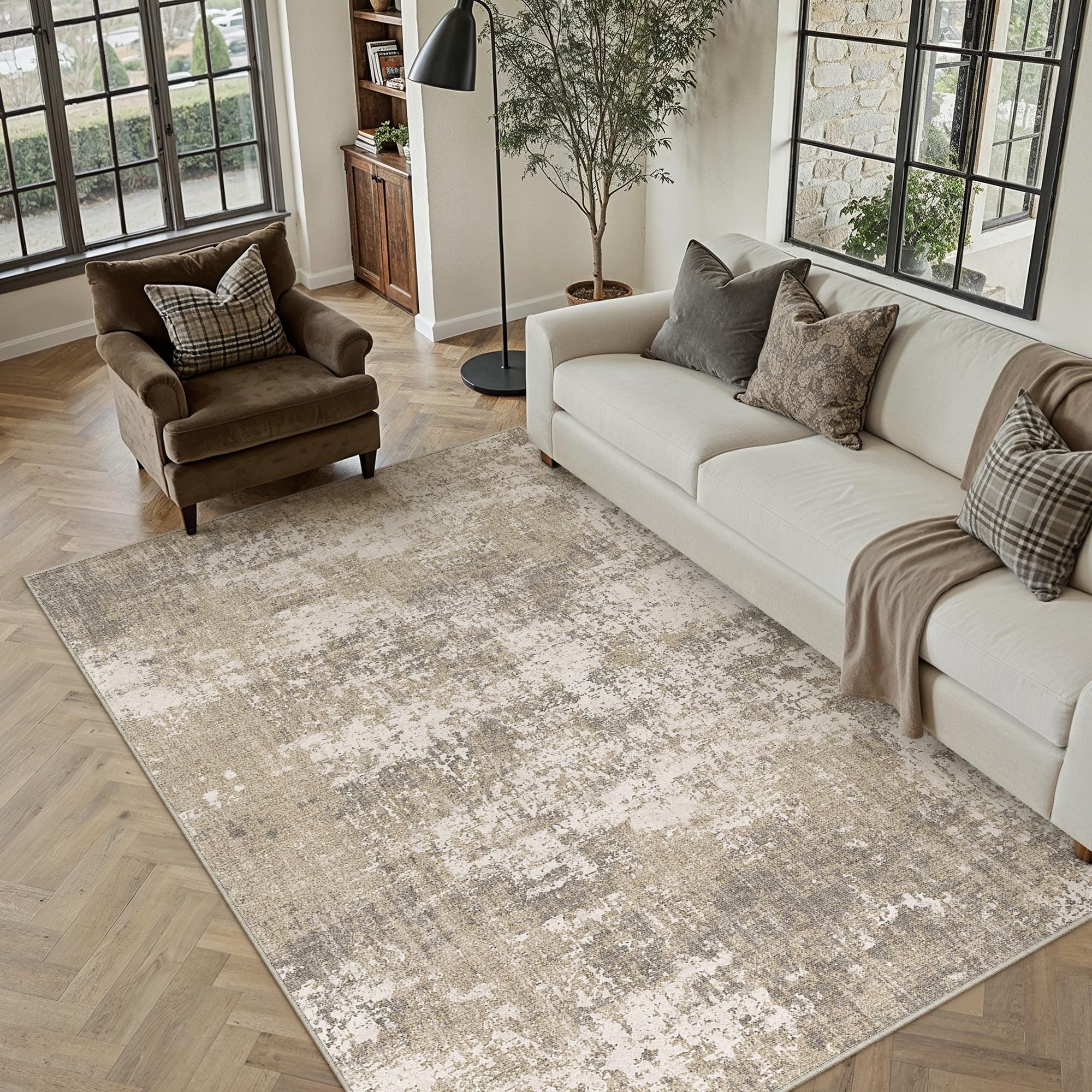 PureCozy Beige Brown Area Rug 6x9 Modern Abstract