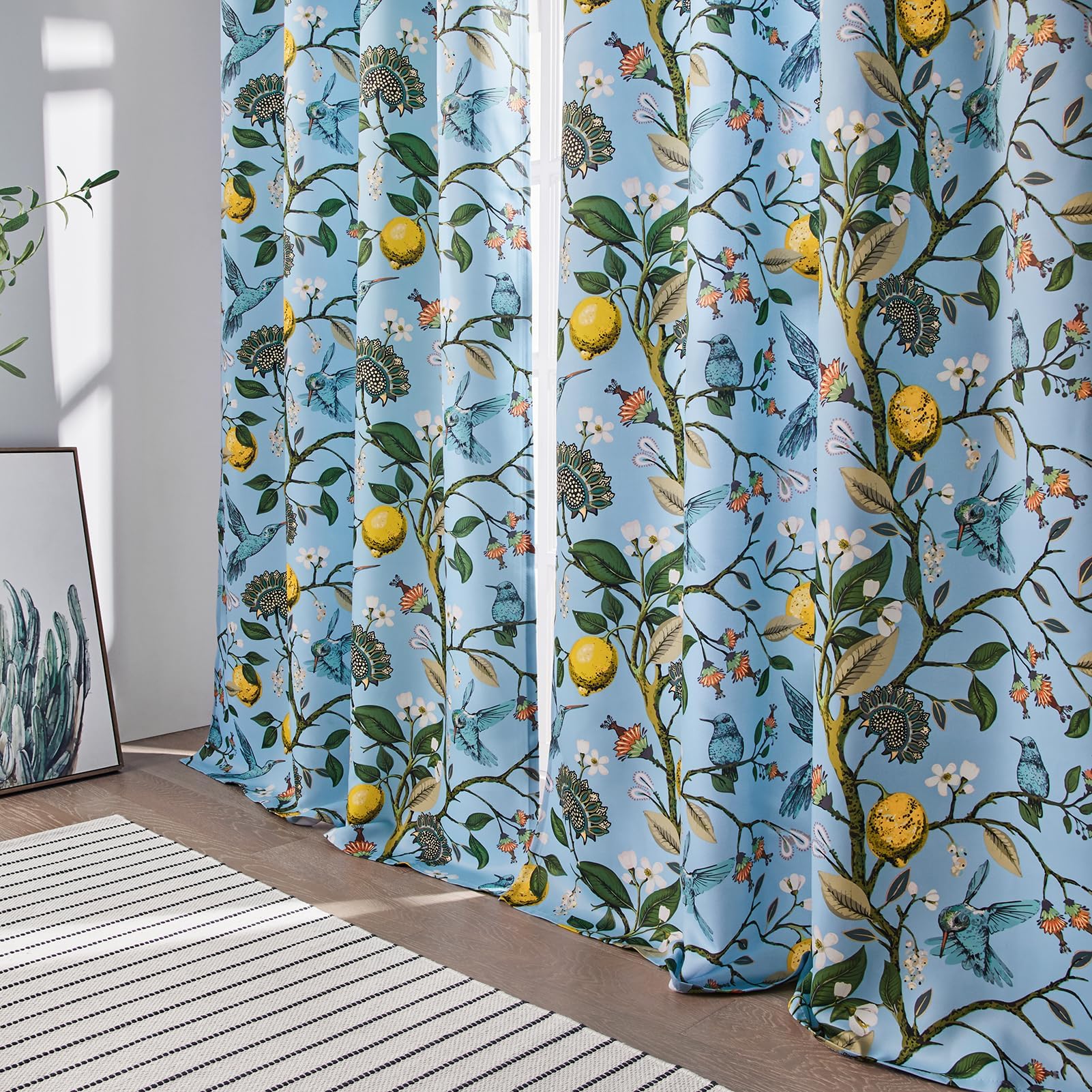 Topfinel Blue Patterned Curtains 2 Pages 96 Inches Long Blackout Heat Block Farmhouse Watercolor Floral Flower Hummingbird Printed Drapes Grommet Window Treatment for Living Room,96 Inch Length