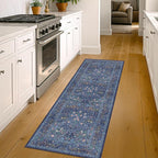 Hazo Haus Non Slip 2x10 Dark Blue Hallway Runner - 10ft Long Runner Rugs, Washable Kitchen Floor Mat - Vintage Navy Floral Design Décor