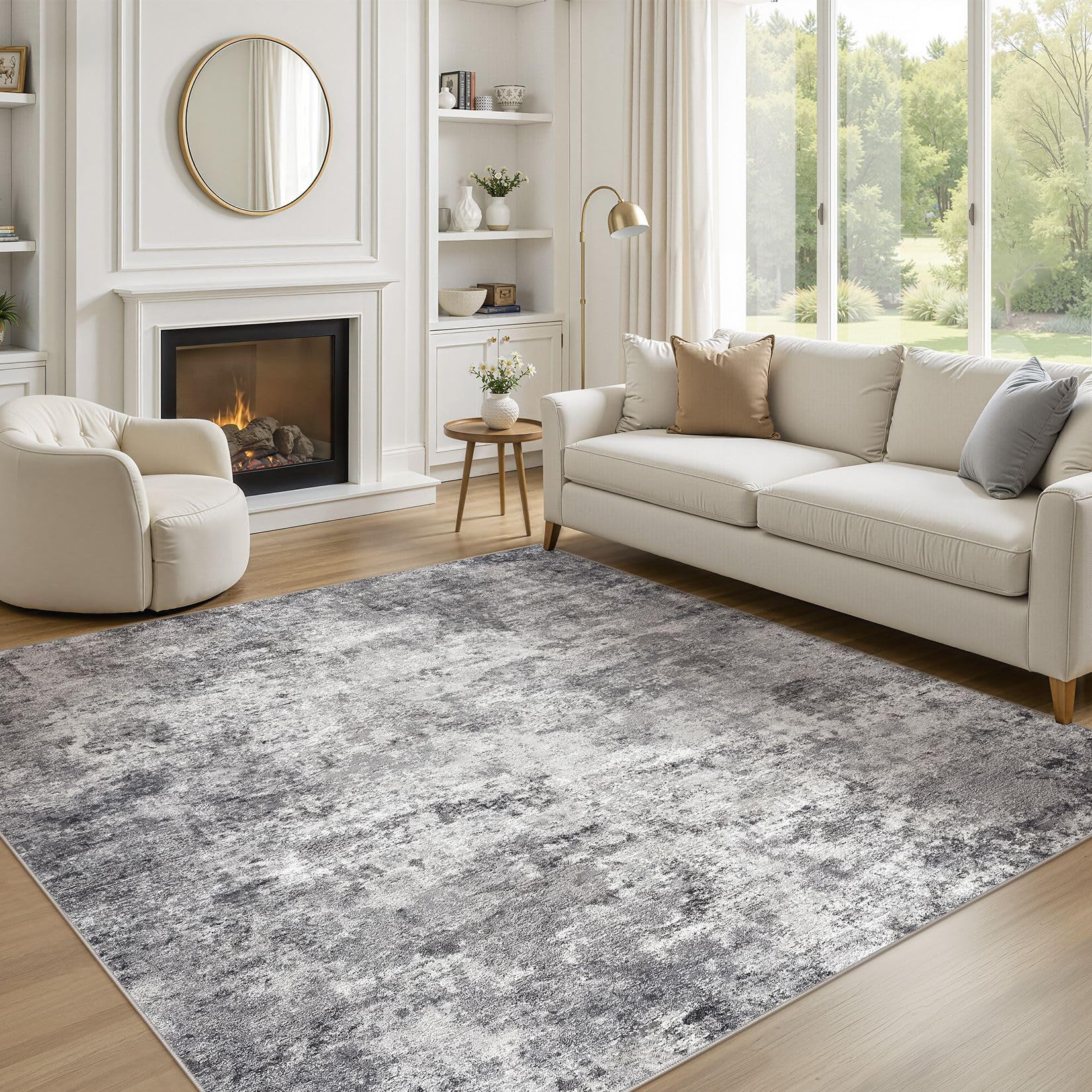 UERMEI Square Area Rugs: Washable 6x6 Neutral Modern Abstract Carpet for Living Room Bedroom - Soft Floor Mat with Non Slip Backing for Kitchen Nursery Dorms Farmhouse Home Decor - Grey