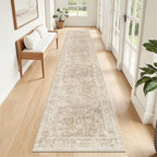 Madane Runner Rug 2x10 for Hallway, Kitchen Non-Slip Runner Rug with Rubber Backing, Vintage Soft Low Pile Throw Neutral Carpet Runner for Laundry Room Entryway Bathroom Bedroom (2 x 10, Beige/Brown)