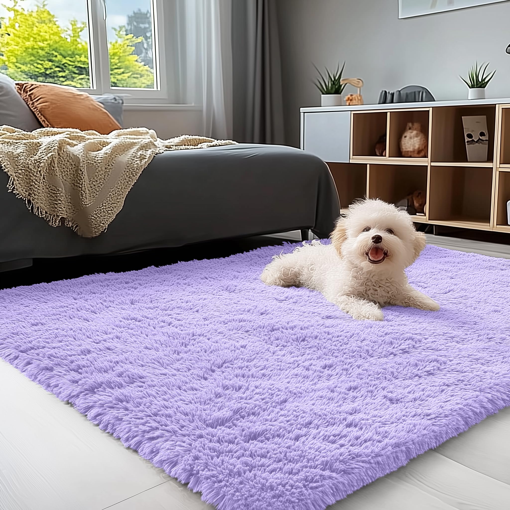 OLANLY 3x5 Machine Washable Small Bedside Rug, Soft Fluffy Shaggy Rugs for Living Room, Bedroom, Indoor Floor Carpet for Kids Girls and Boys, Preppy Dorms, Nursery, Home Decor Aesthetic, Light Purple
