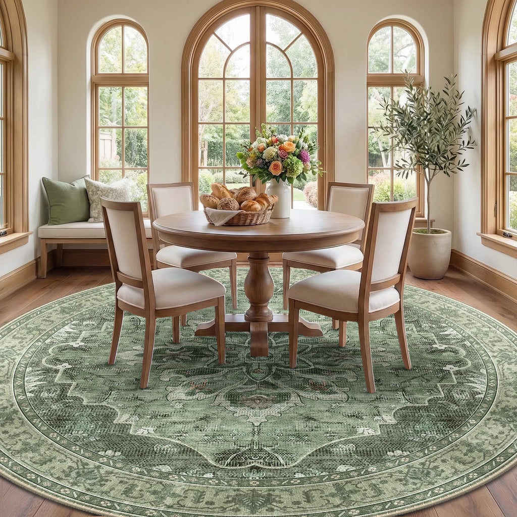 RELEANY Washable Area Rug, Round 8ft, Green/Dark Green/Gray