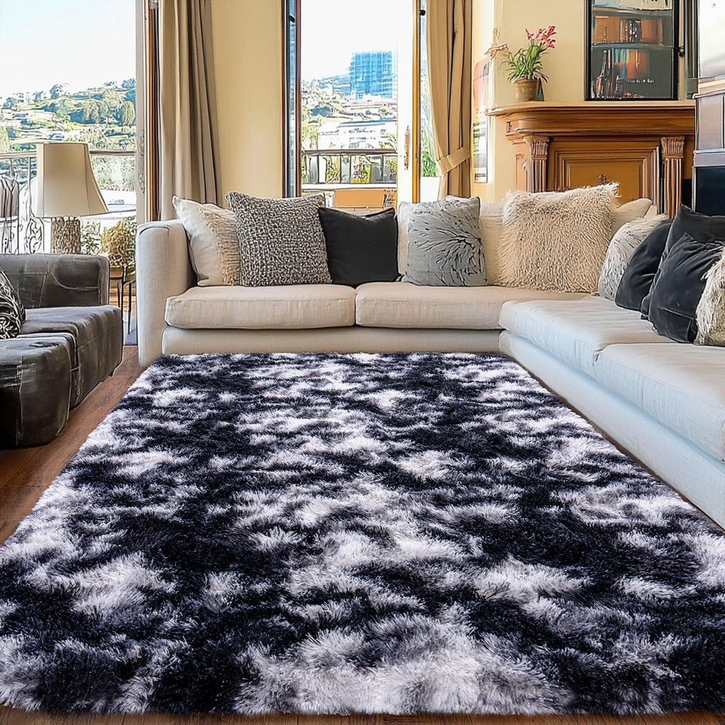 Quntue Black and White Rug for Living Room, 6x9 Area Rug for Bedroom, Bedside Indoor Floor Fluffy Shag Carpet, Plush Soft Rug for Boys Girls Kids Room Nursery Dorm Home Decor