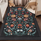 GarveeHome Washable Rug 5x7 Area Rugs for Living Room, Floral Rug for Bedroom, Soft Boho Non Slip Throw Rugs with Rubber Back, Low Pile Stain Resistant Vintage Floral Carpet for Dining Room, Black