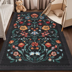 GarveeHome Washable Rug 5x7 Area Rugs for Living Room, Floral Rug for Bedroom, Soft Boho Non Slip Throw Rugs with Rubber Back, Low Pile Stain Resistant Vintage Floral Carpet for Dining Room, Black