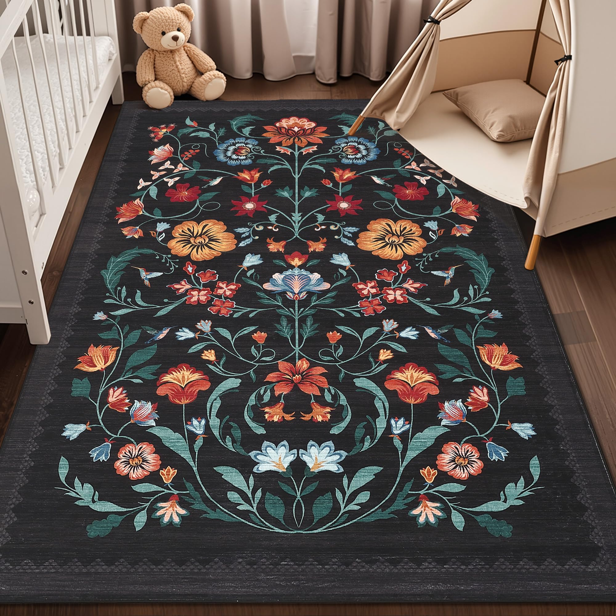 GarveeHome Washable Rug 5x7 Area Rugs for Living Room, Floral Rug for Bedroom, Soft Boho Non Slip Throw Rugs with Rubber Back, Low Pile Stain Resistant Vintage Floral Carpet for Dining Room, Black