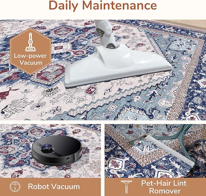 OPPODREAM Soft Area Rugs 9x12 Living Room, Washable Rugs 9x12 with Non Slip Backing, Faux Cashmere Low-Pile 9 x 12 Carpet, Navy Blue & Red & Cream