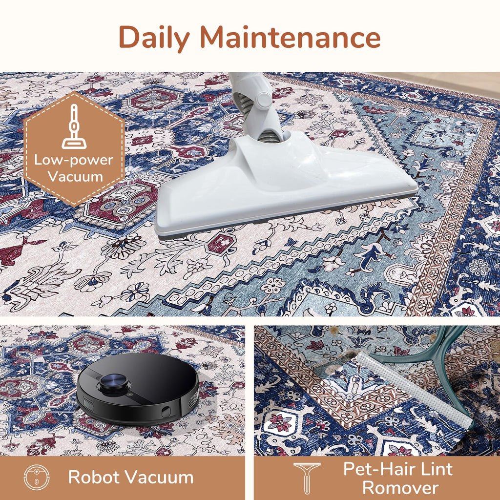 OPPODREAM Soft Area Rugs 2x10, Persian-Inspired Washable Rug, Blue & Red