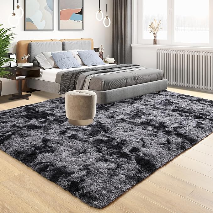 Tepook Fluffy Large Rugs for Living Room, Area Rug 6x9 Carpet for Bedroom, Modern Shaggy Rug for Kids Boys Girls, Plush Indoor Nursery Home Decor Rug with Non-Slip Bottom, Tie-dye Dark Grey
