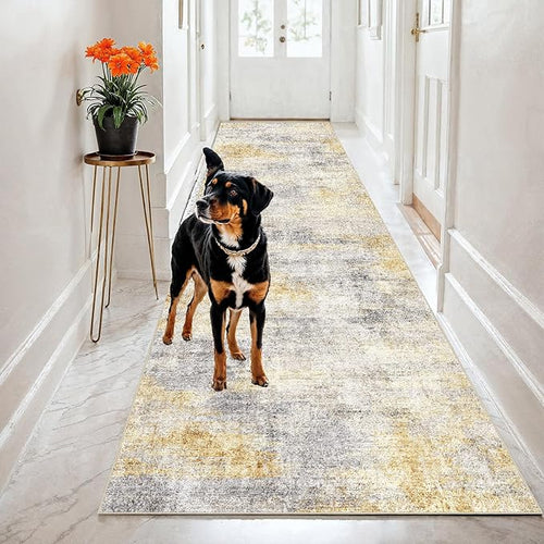 2x8 Runner Rug Washable Abstract: Non Slip Kitchen Floor Mat Grey/Yellow