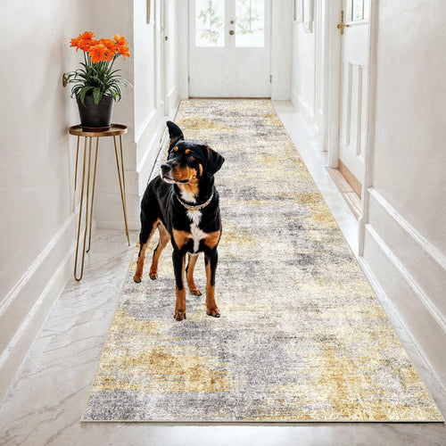 2x8 Runner Rug Washable Abstract: Non Slip Kitchen Floor Mat Grey/Yellow