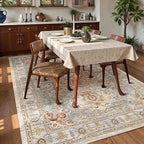 Washable Area Rug 6' x 9' Vintage Traditional Persian Mat - Foldable Distressed Non-Slip Machine Washable Carpet for Living Room Bedroom Kitchen Home Decor - Dove Gray and Coral