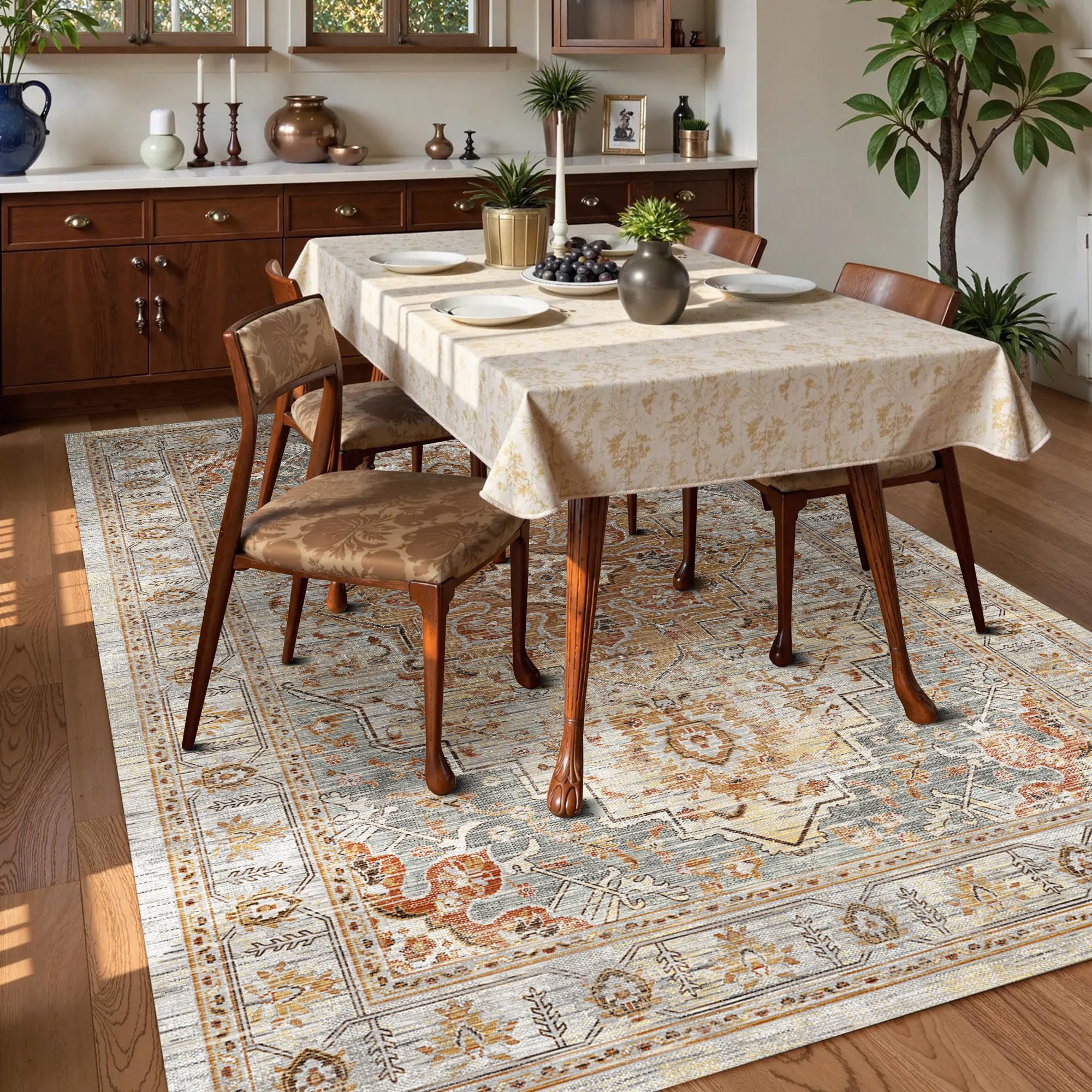 Washable Area Rug 3' x 5 ' Vintage Traditional Persian Mat - Foldable Distressed Non-Slip Machine Washable Carpet for Living Room Bedroom Kitchen Home Decor - Dove Gray and Coral