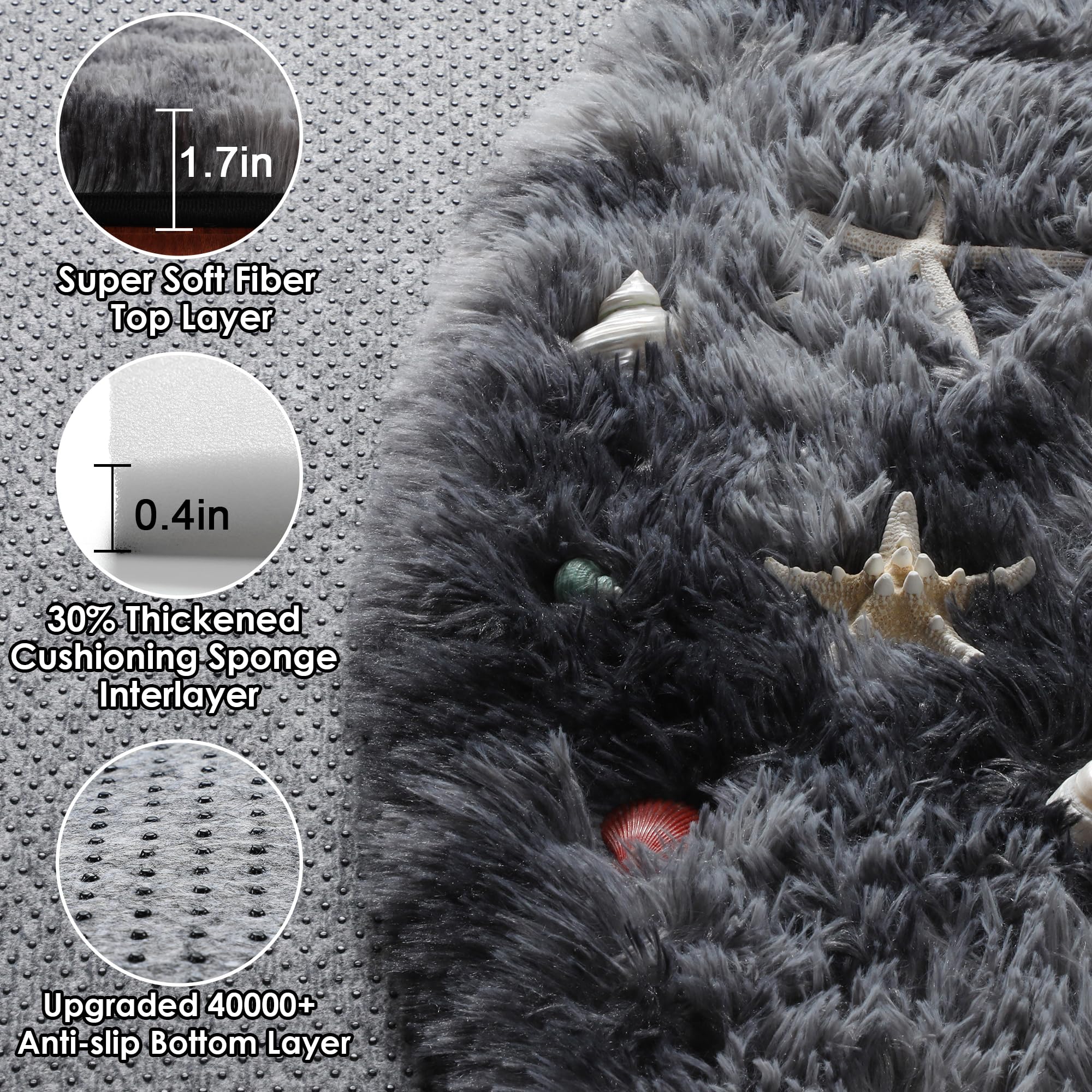 ONASAR Tie-Dyed Dark Grey Round Area Rug 4ft, Ultra Soft Bedroom Circle Rugs for Kids Girls Boys Teen, Fluffy Plush Shaggy Carpet Floor Mats for Nursery Dorm Living Room Office Home Decor