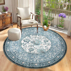 GarveeHome Misty Blue Botanical Grove 6ft Round Rug, Small Circle Vintage Cottagecore Soft Low-Pile Non-Slip Washable Rugs for Living Room Bedroom Nursery Kitchen Retro Carpet