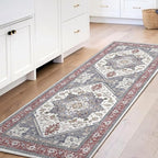 OPPODREAM Soft Entryway Rug 2x6, 2x6 Rug Runner, Washable Hallways Carpet 2 x 6 with Non Slip Backing, Low-Pile Bedside Carpet 2 x 6, Long, Faux Cashmere, Red & Grey
