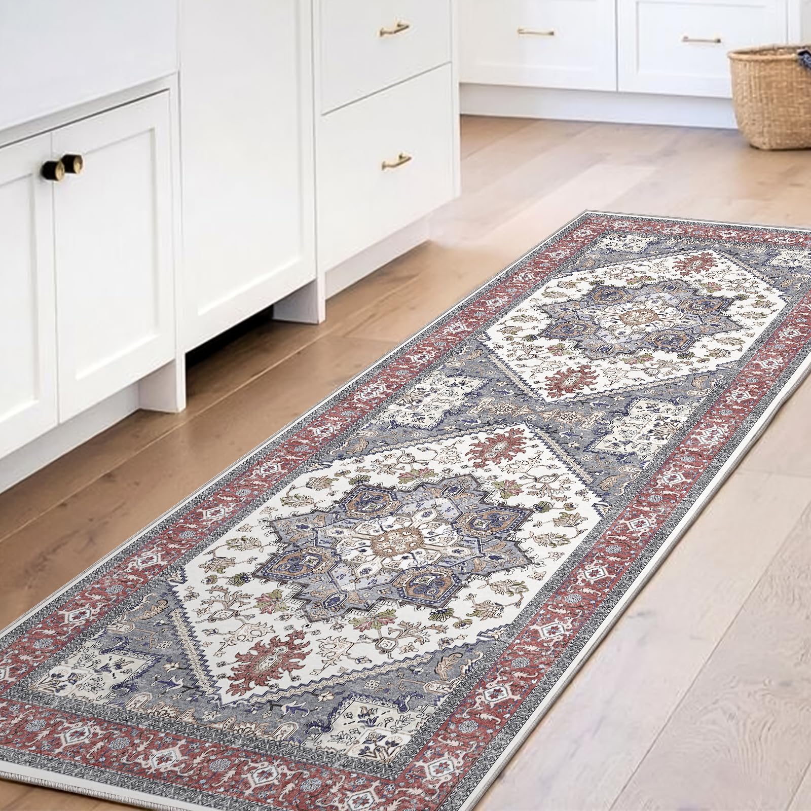 OPPODREAM Soft Area Rugs 2x6, Persian-Inspired Washable Rug, Red & Grey