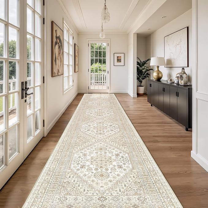 Restydon Washable Runner Rug 2.5x16, Non-Slip Long Kitchen Rugs,Cream/Beige