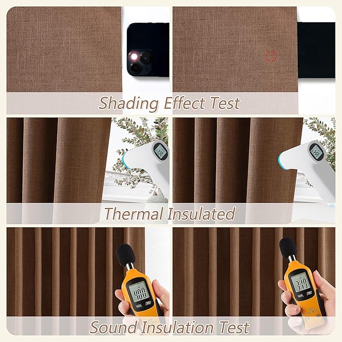 Guken Caramel Brown 100% Blackout Linen Curtains 120 Inch Length 2 Panels Set for Living Room Bedroom Back Tab/Rod Pocket Thermal Insulated Black Out Drapes Room Darkening Farmhouse Window Curtains