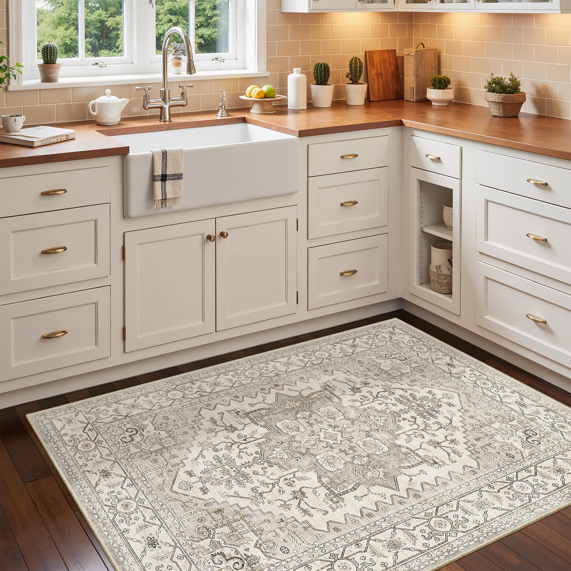Madane Washable Entry Rug 3x4 Area Rugs for Entryway Kitchen, Beige/Brown
