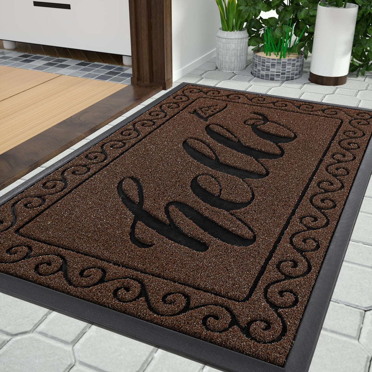 Yimobra Welcome Mat, Heavy Duty Sturdy Door Mats for Home Entrance Outdoor Indoor, Front Doormat for Outside Patio Floor Entry Porch Garage Office, Waterproof, Low Profile, 60 x 36, Black Grey