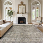 Washable Rugs 8x10 Area Rugs for Living Room,Bedroom and Dining Room-Large Ultra Soft Faux Wool Retro Carpets,Non Slip&Non-Shedding Low Pile Vintage Print Home Office Rug-Brass Green-Brown-Olive