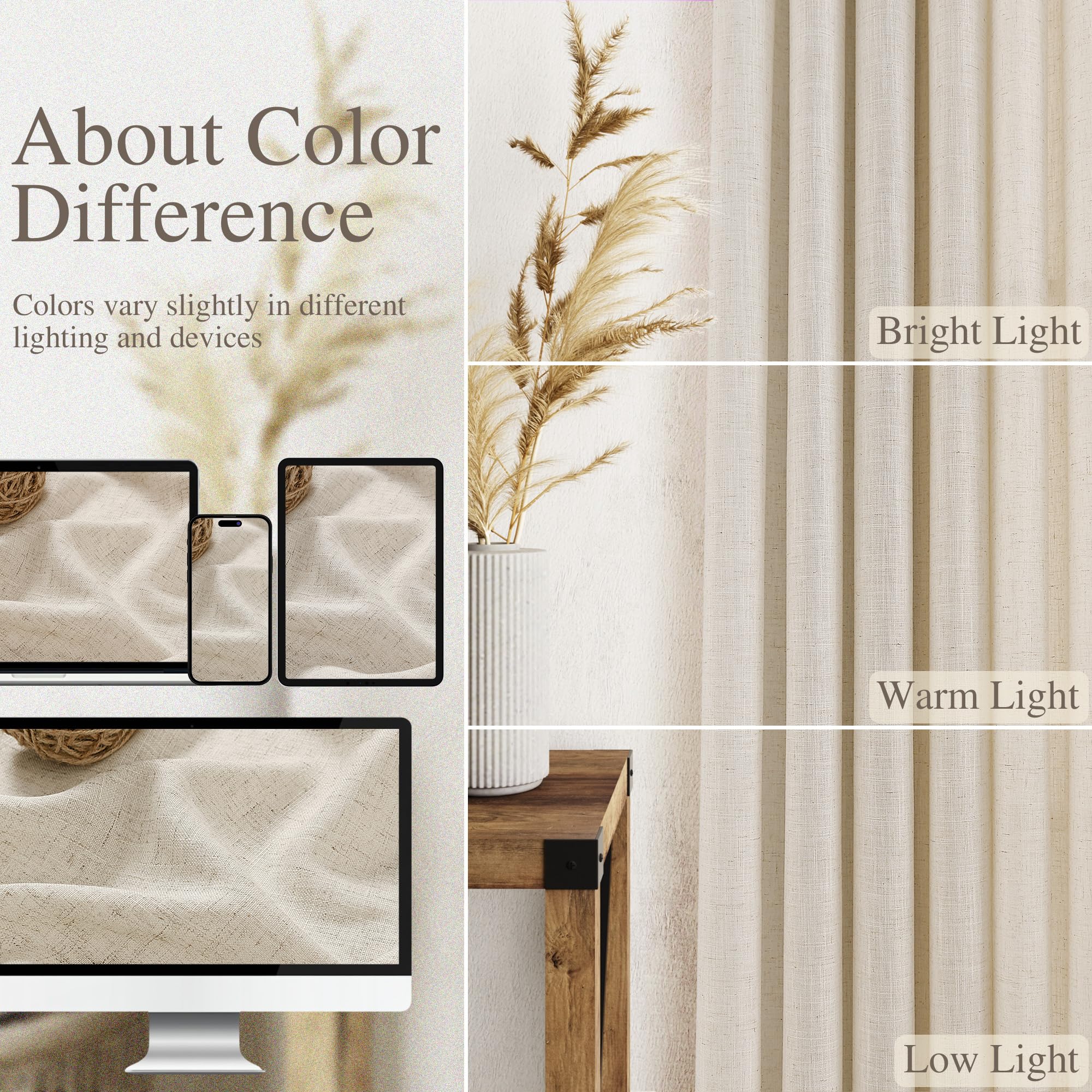 Warm Beige Linen Curtains 63 Inches Long 2 Panel Sets for Living Room Bedroom Rod Pocket Back Tab Light Filtering Drape for Kitchen Window Short Protect Privacy Curtain Modern Farmhouse Decor 52x63