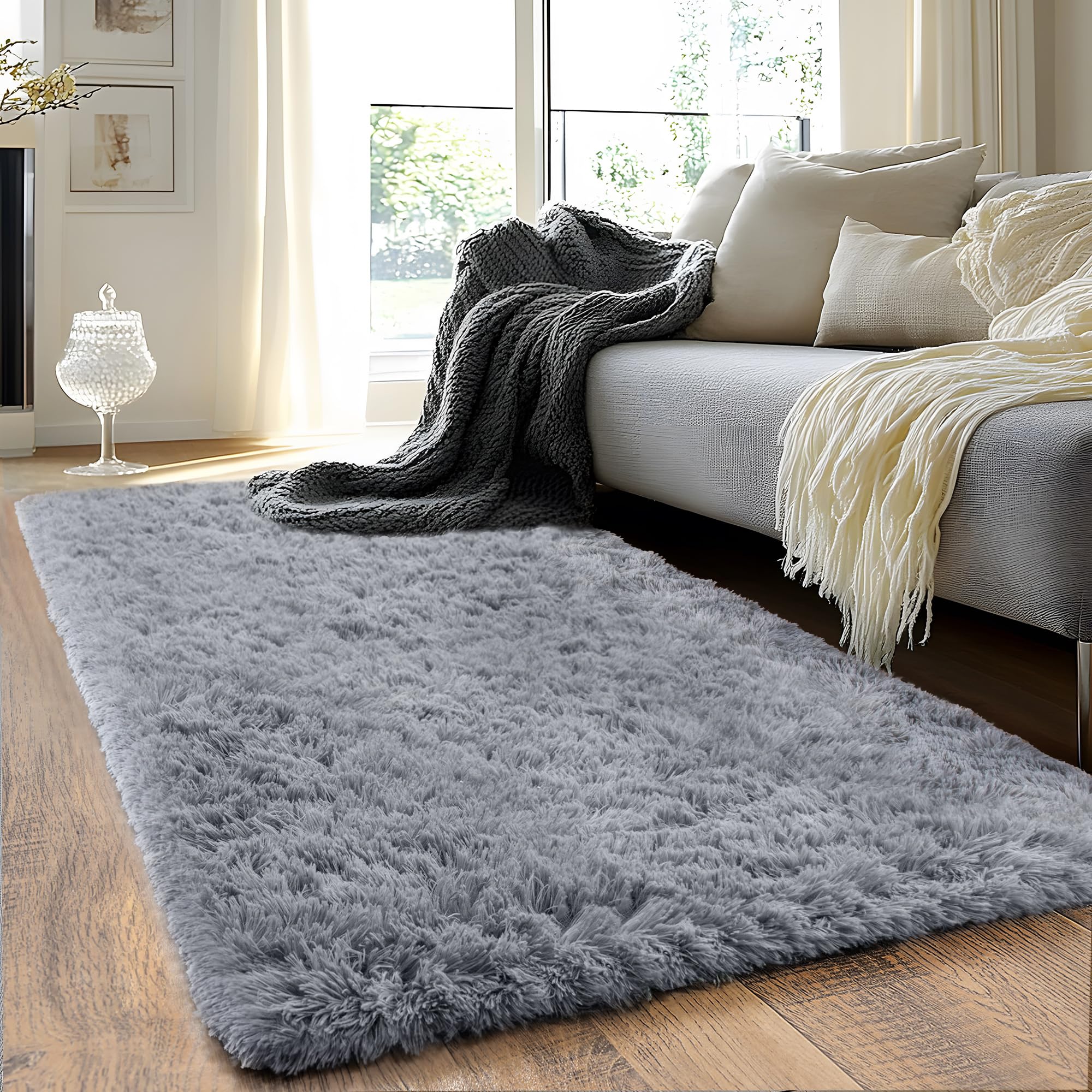 Quntue Runner Rugs for Bedroom 2x6 Rug Runners for Hallways Non Slip Soft Shag Bedside Rug, Fluffy Area Rug Throw Rugs for Living Room, Floor Carpet Runner for Nursery Kids Dorm, Grey